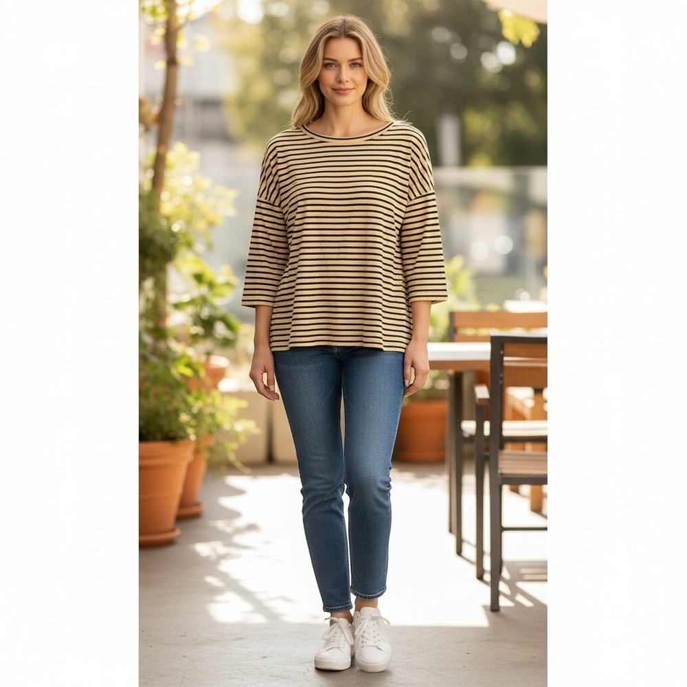 Cut Loose Yellow Striped Linen Blend Boatneck Top Relaxed Fit Sz L 5475060